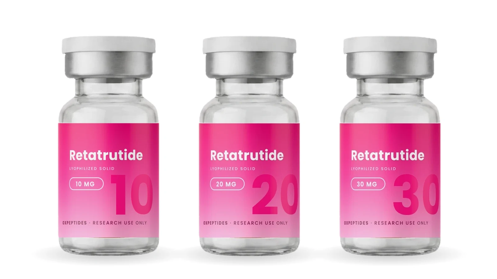 Retatrutide (Retatrutid) kaufen: drei Fläschchen von OXpeptides mit 10, 20 und 30 mg lyophilisiertem Pulver