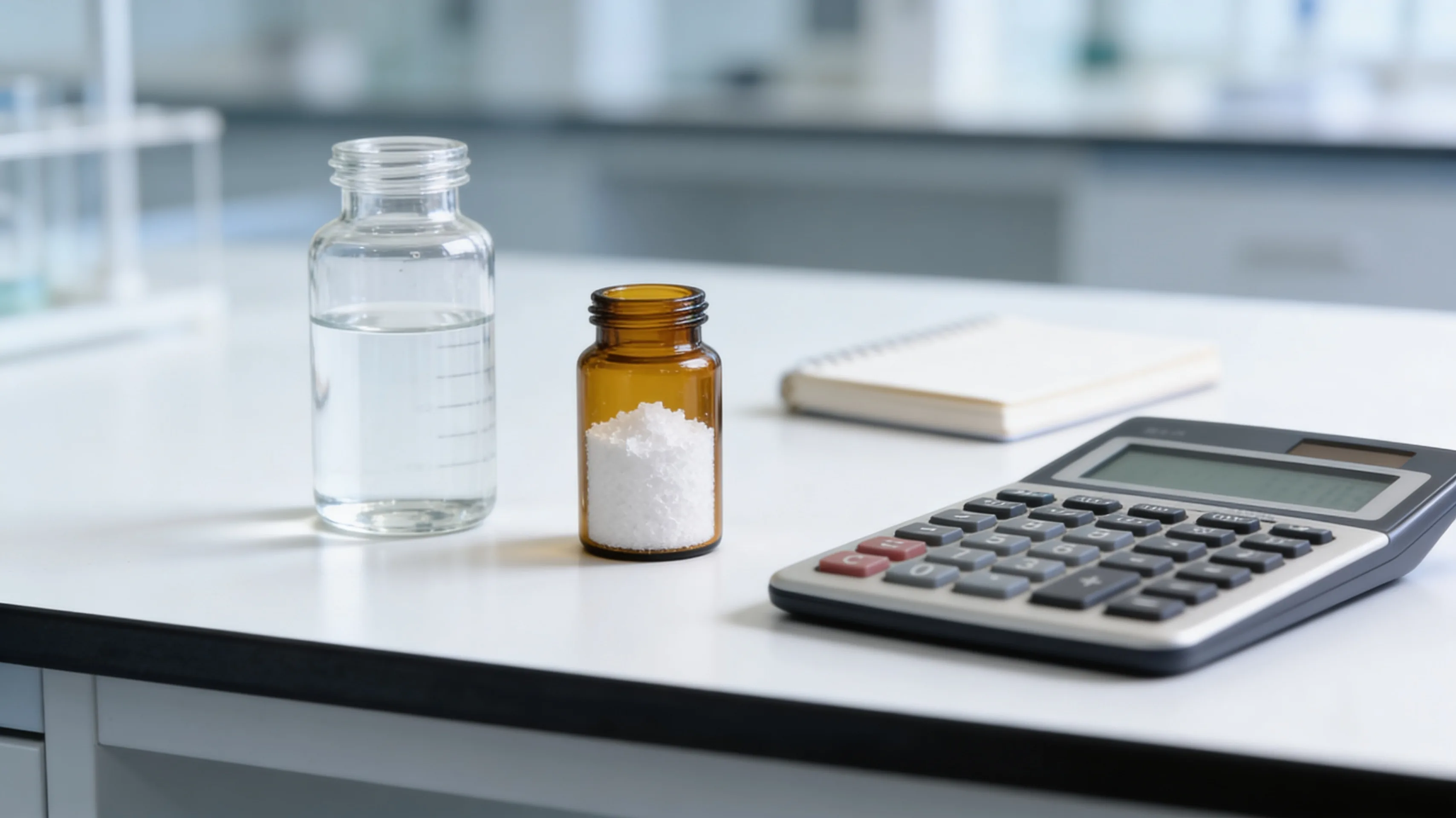 Bernsteinfarbenes Vial mit lyophilisiertem Retatrutide-Pulver neben einem Glasvial bakteriostatischem Wasser auf einer sauberen Laborbank.