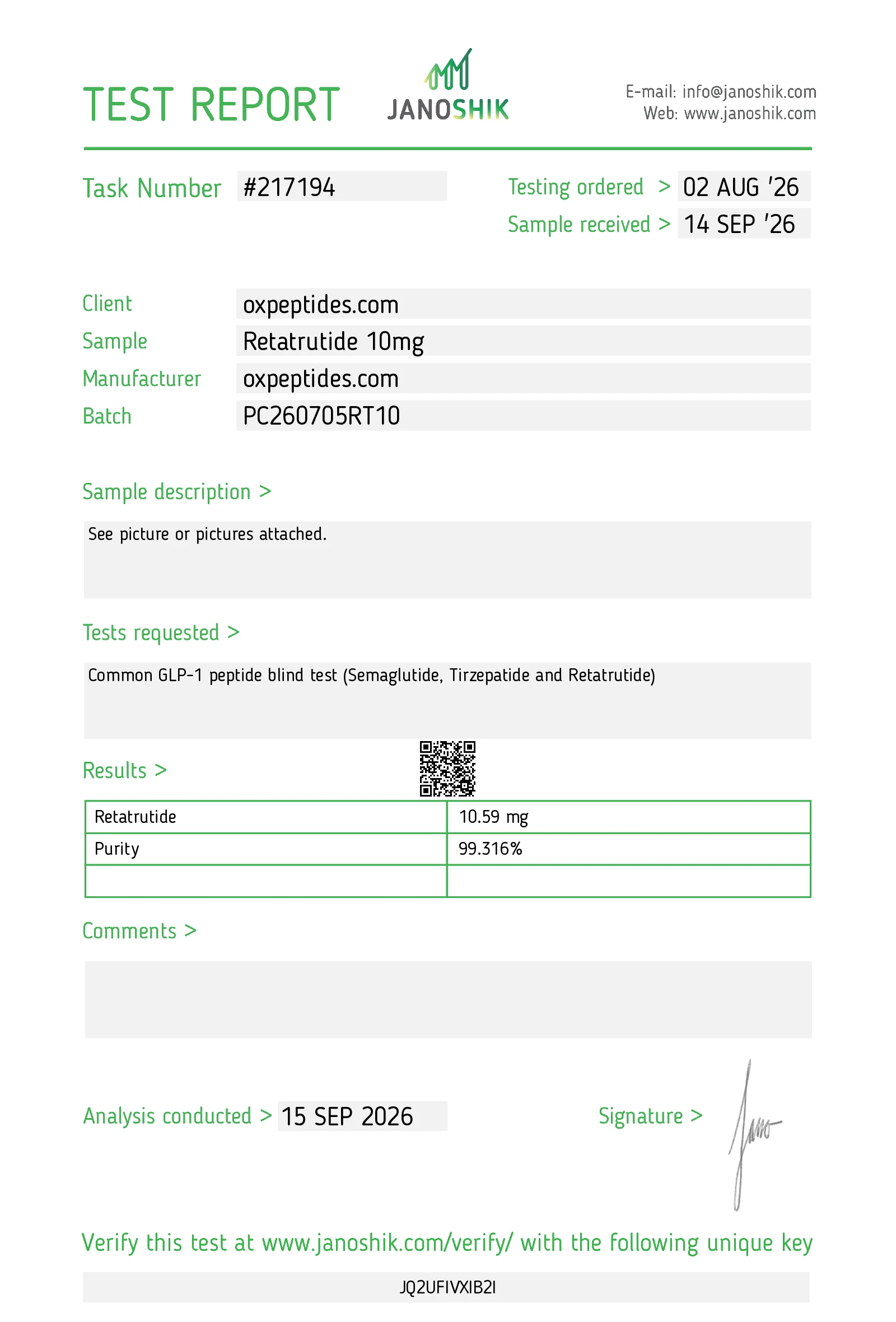 Janoshik-Bericht #217194 des 10-mg-Fläschchens: 10,59 mg gemessen, Reinheit 99,316 %